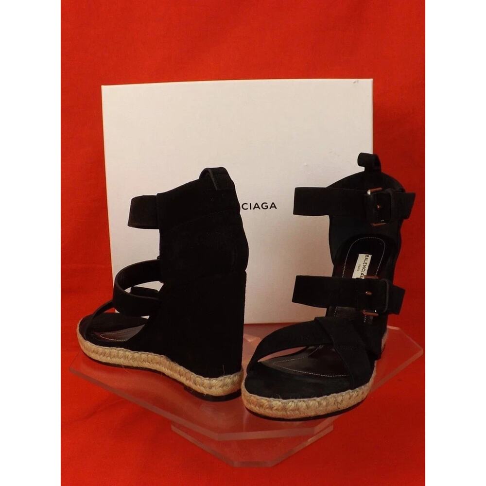 NIB BALENCIAGA BLACK SUEDE BUCKLE ANKLE STRAP ESPADRILLE WEDGE SANDALS 41 $620 - Picture 4 of 10